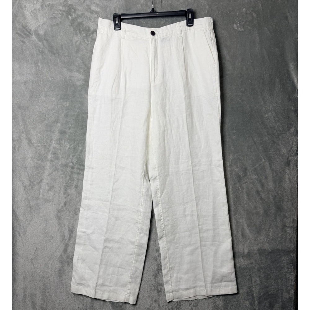 Lands End Womens White Linen Wide Leg High Rise Pants Size 14 Coastal Old Money - Picture 2 of 9